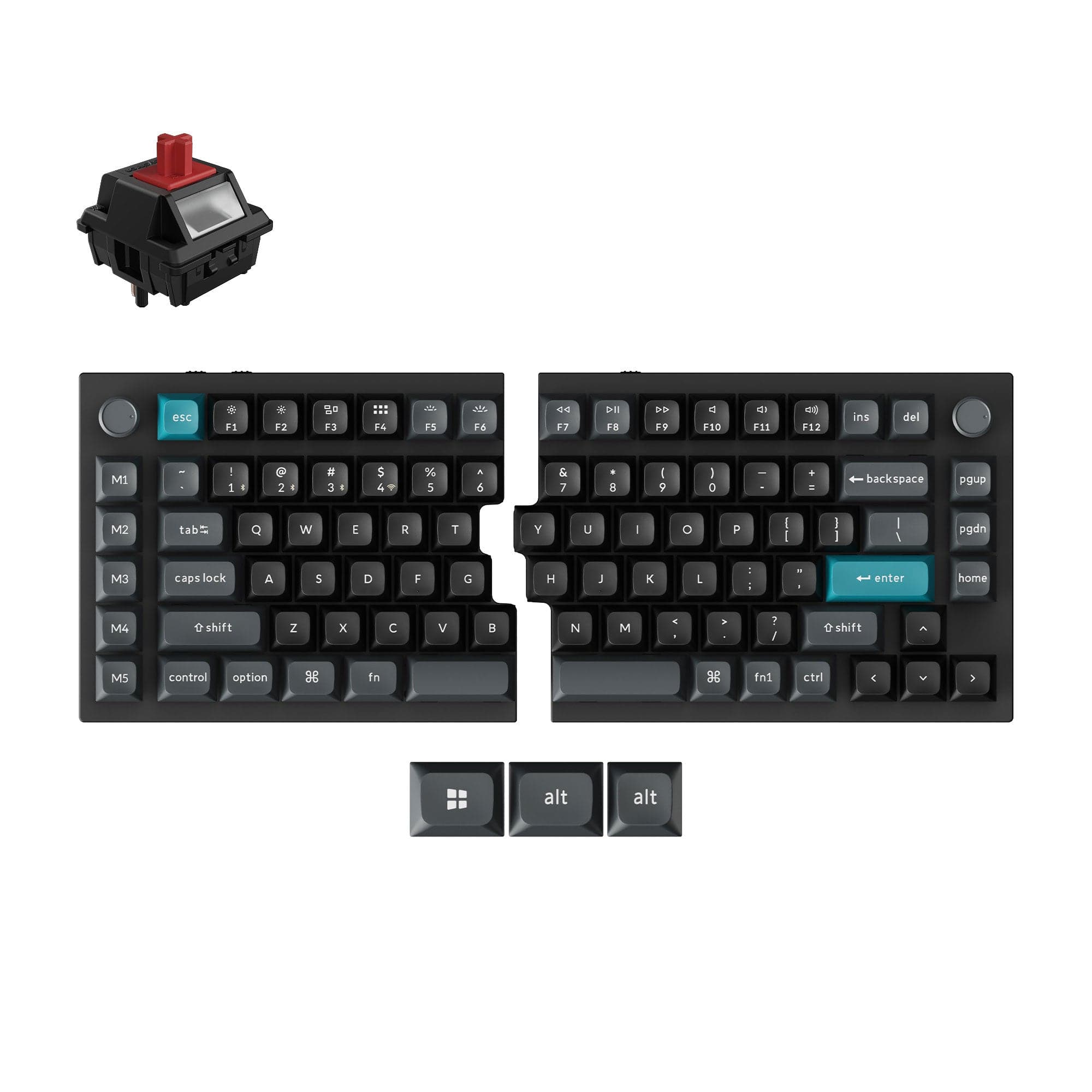 Black Keychron Q11 Ultra 8K split keyboard with two separate halves and teal accent keys